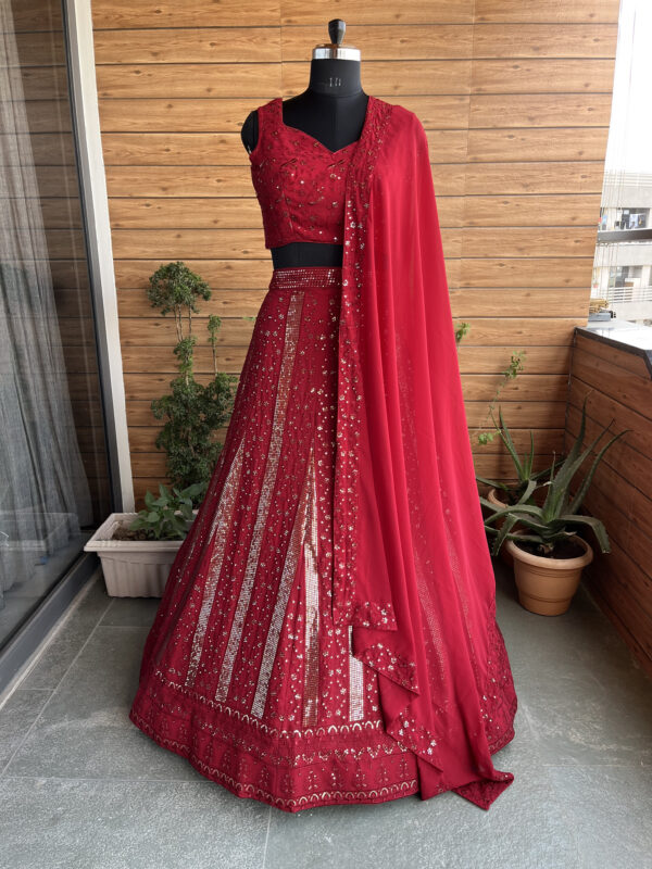 Red Color Faux Georgette Fabric Sequence Thread Work Lehenga Choli