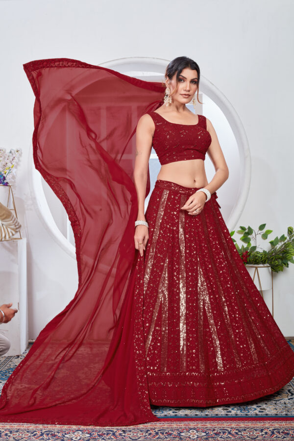 Red Color Faux Georgette Fabric Sequence Thread Work Lehenga Choli