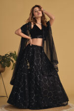 Black Color Organza Net Fabric Sequence Thread Embroidery Work Lehenga