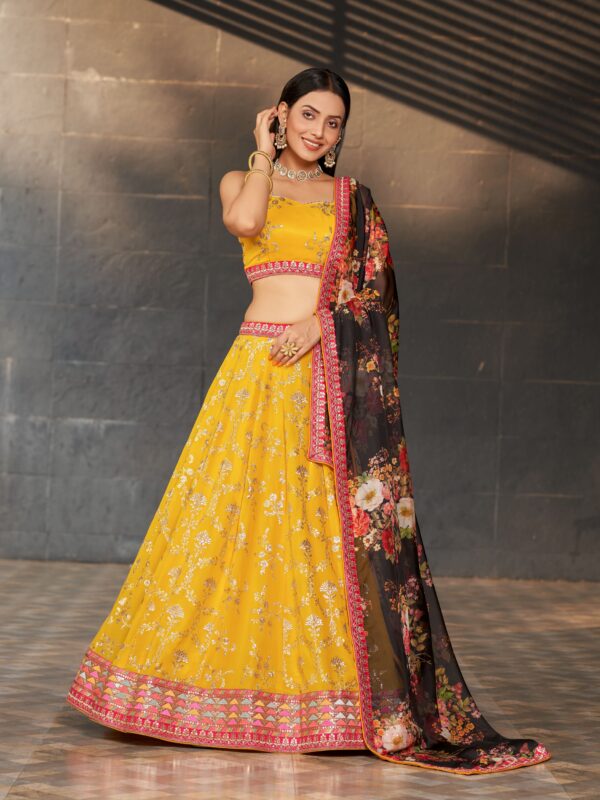 Yellow Black Color Georgette Fabric Embroidery Work Lehenga