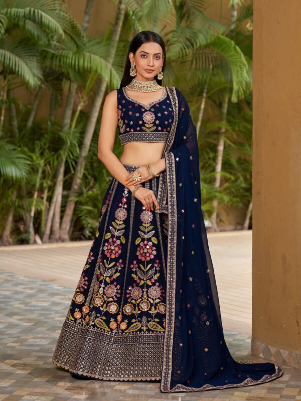 Navy Blue Color Georgette Fabric Embroidery Work Lehenga