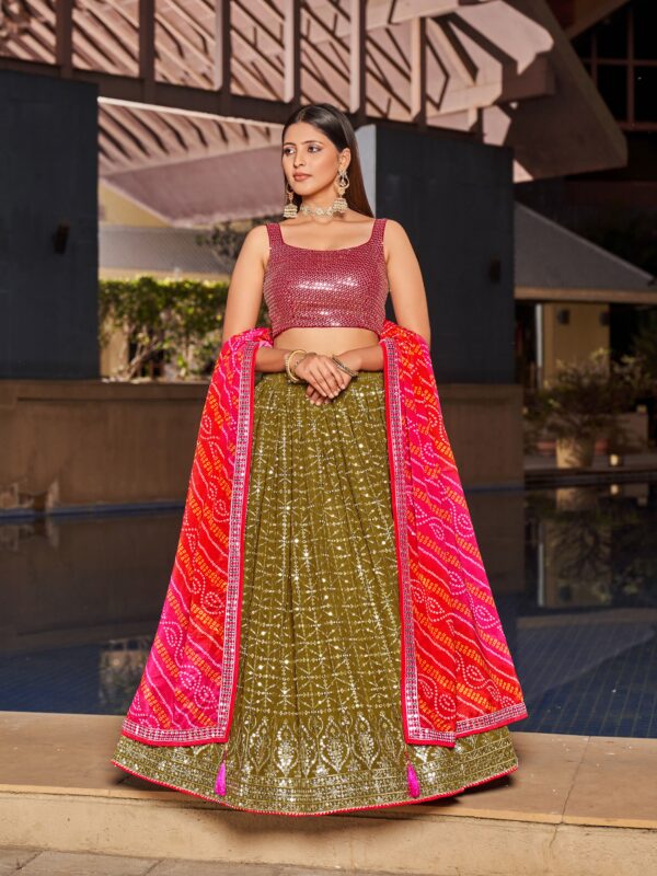 Olive Pink Color Georgette Fabric Embroidery Work Lehenga