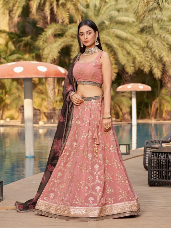 Pink Brown Color Georgette Fabric Embroidery Work Lehenga