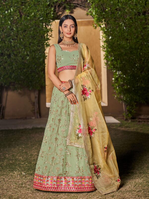 Pista Yellow Color Georgette Fabric Embroidery Work Lehenga