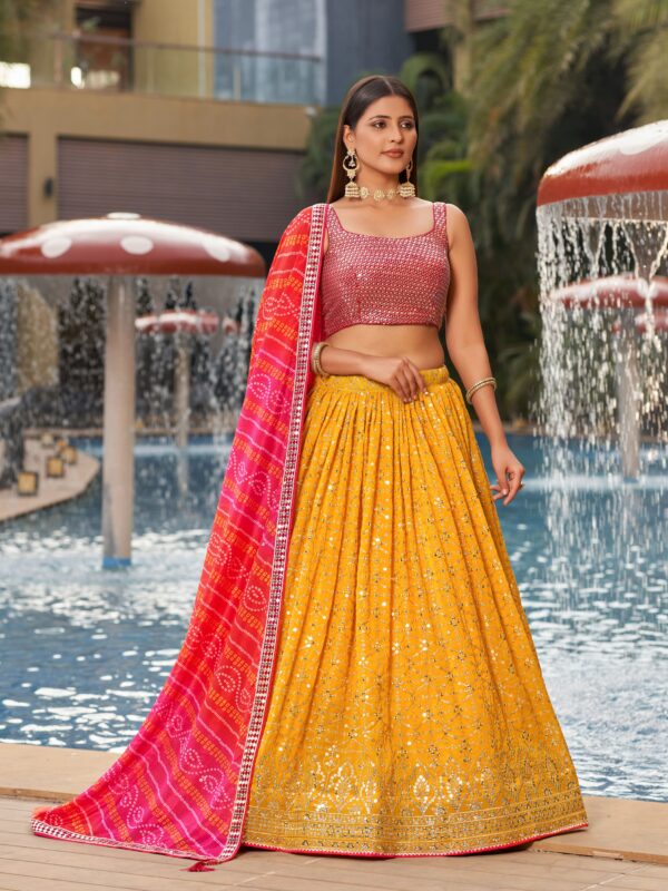 Yellow Pink Color Georgette Fabric Embroidery Work Lehenga