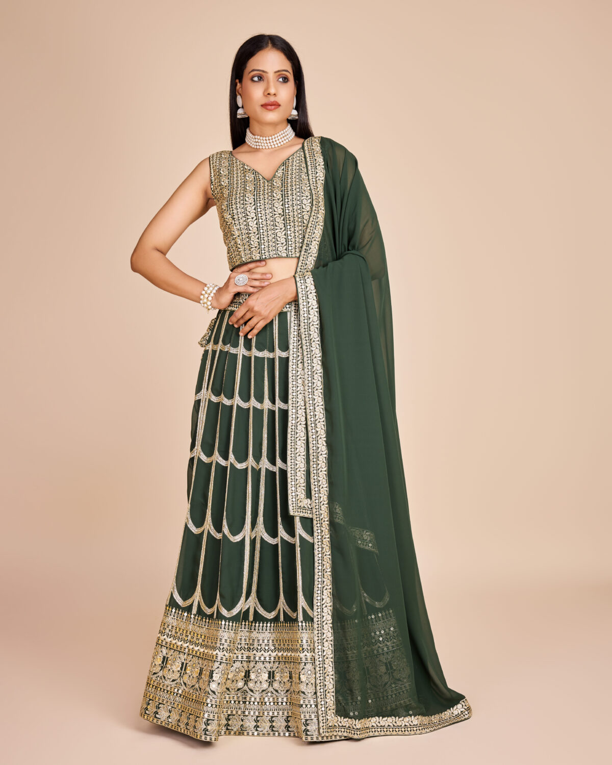 Green Color Faux Georgette Fabric Sequence With Thread Work Lehenga Choli