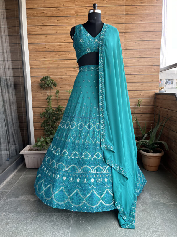 Mint Color Faux Georgette Fabric Sequence Thread Work Lehenga Choli