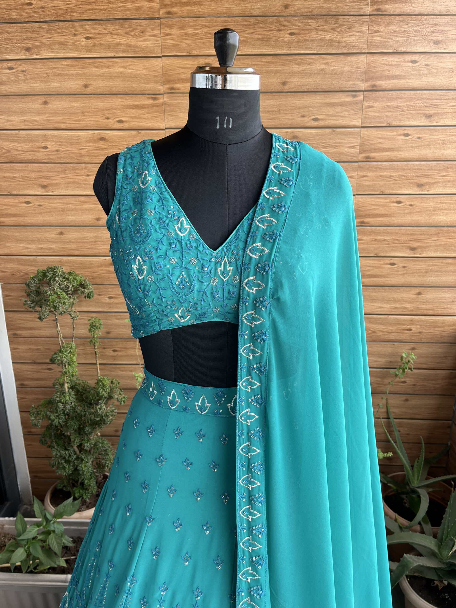 Mint Color Faux Georgette Fabric Sequence Thread Work Lehenga Choli