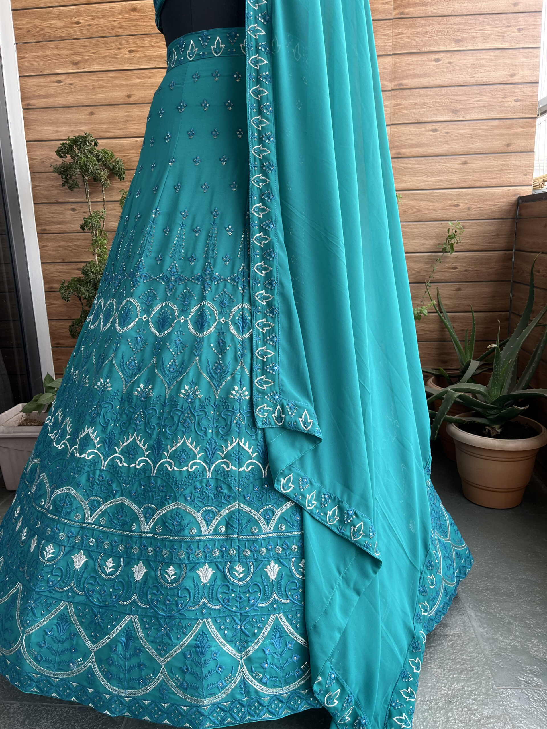 Mint Color Faux Georgette Fabric Sequence Thread Work Lehenga Choli