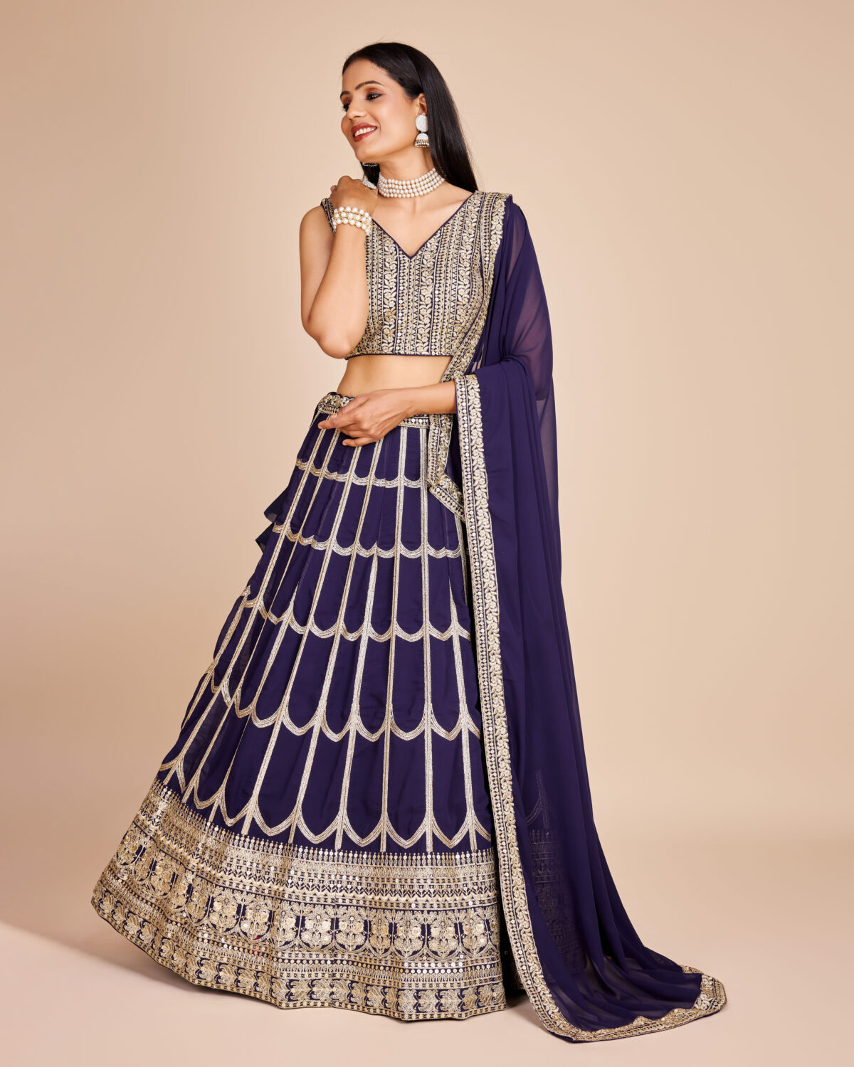 Navy Blue Color Faux Georgette Fabric Sequence With Thread Work Lehenga Choli