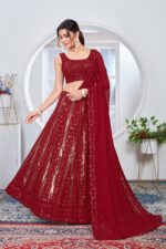 Red Color Faux Georgette Fabric Sequence Thread Work Lehenga Choli