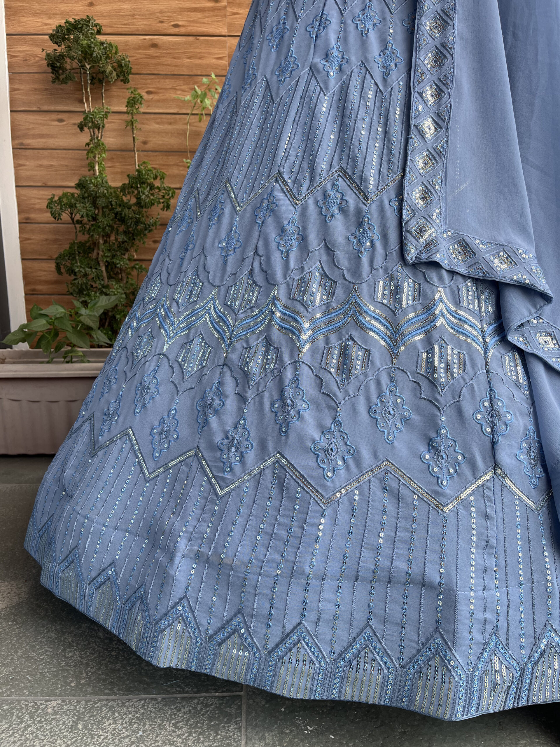 Sky Blue Color Faux Georgette Fabric Sequence Thread Work Lehenga Choli