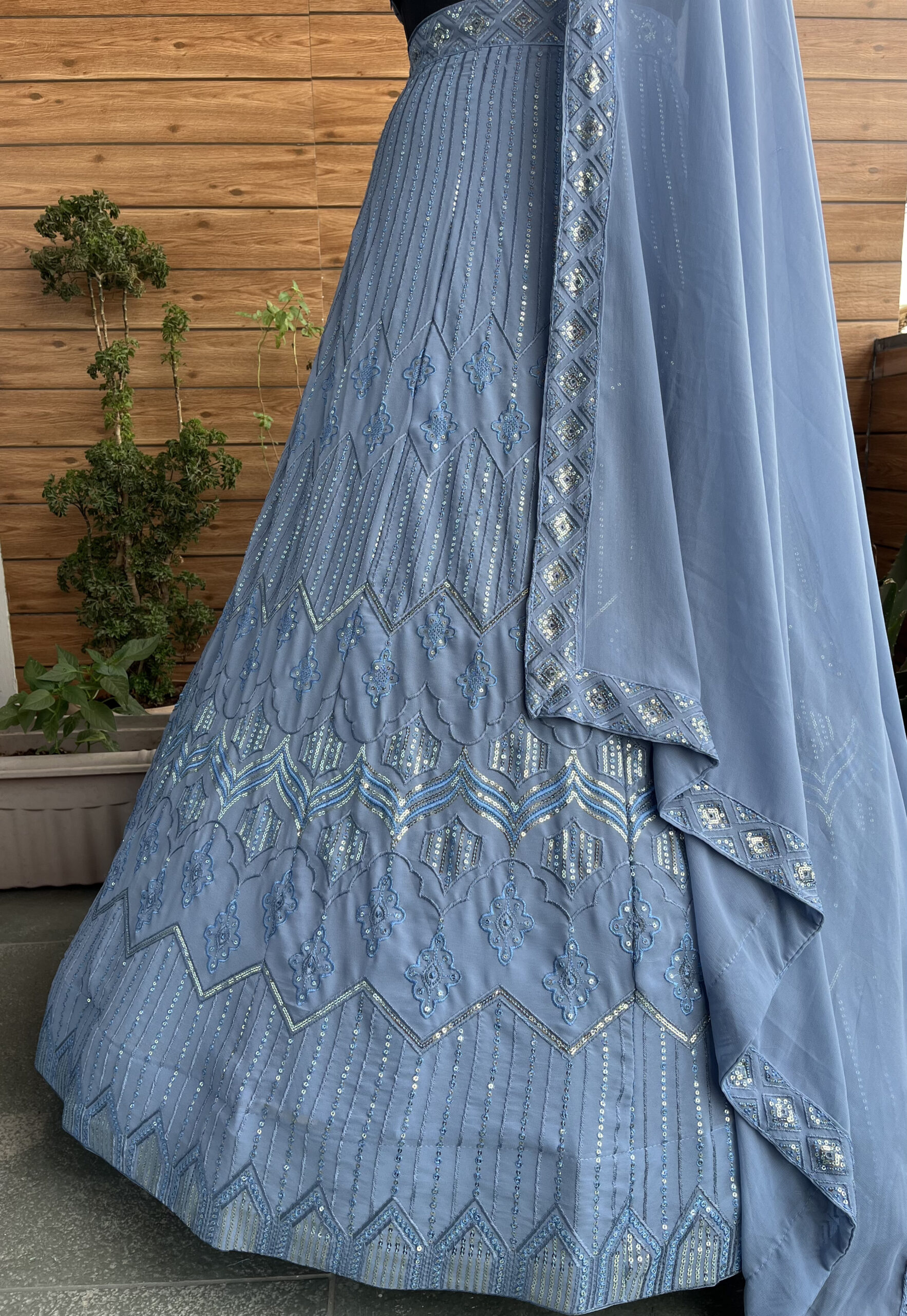 Sky Blue Color Faux Georgette Fabric Sequence Thread Work Lehenga Choli