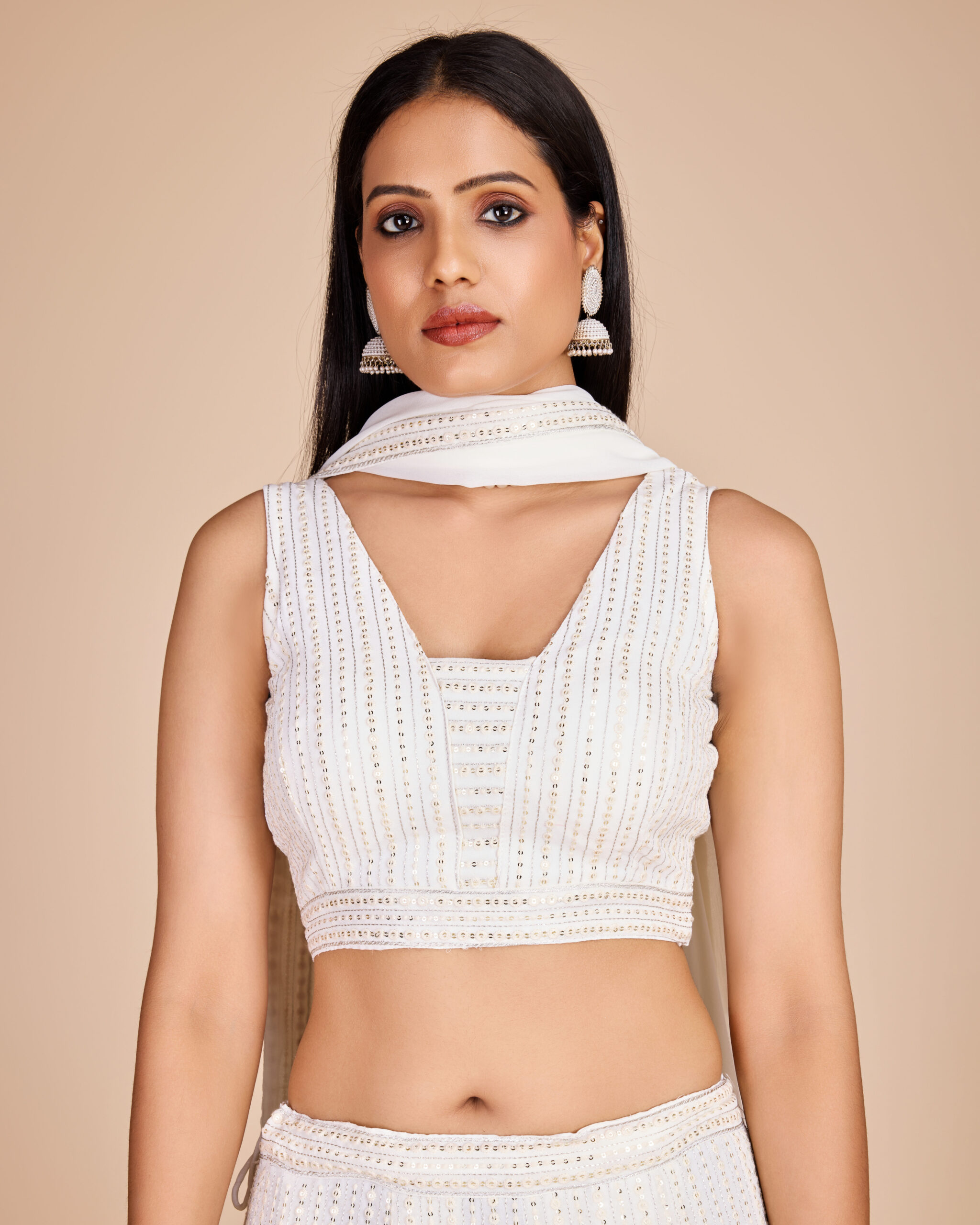 White Color Faux Georgette Fabric Sequence Thread Work Lehenga Choli