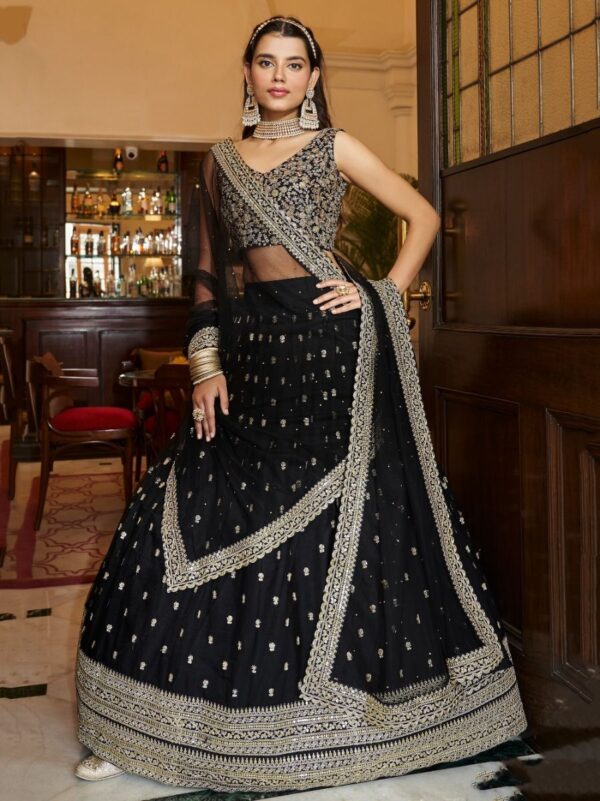 Black Color Faux Georgette Fabric Sequence Thread Work Lehenga Choli