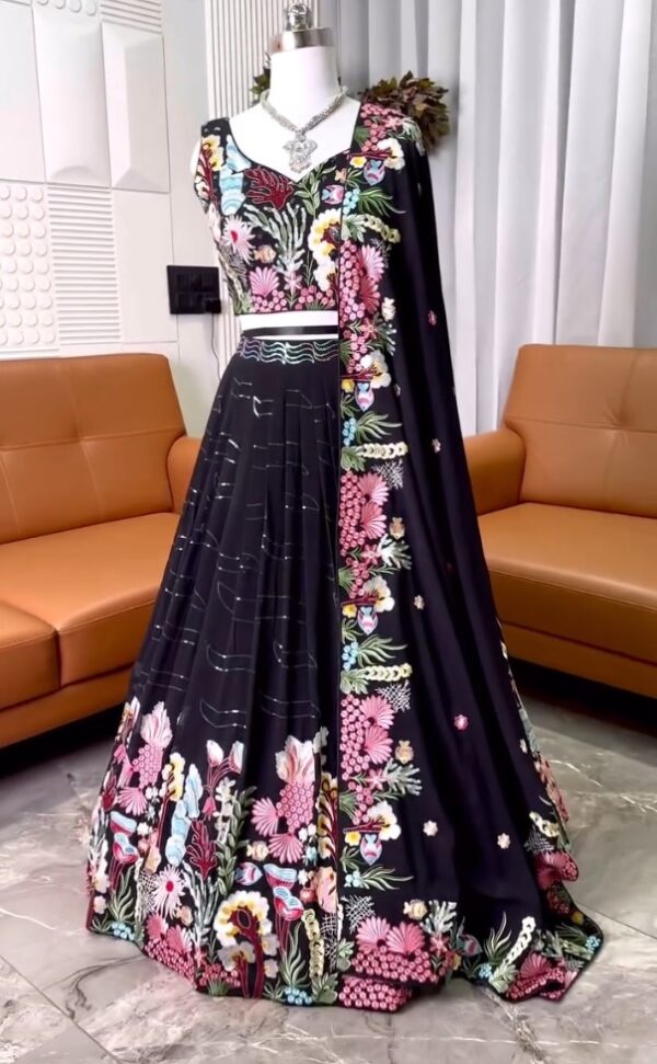Black Multi Color Soft Georgette With Heavy Thread Work Cancan Lehenga
