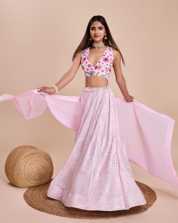 Light Pink Color Faux Georgette Fabric Sequence Thread Work Lehenga Choli