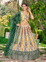 Green Color Chinon Fabric Embroidery Work Digital Print Lehenga