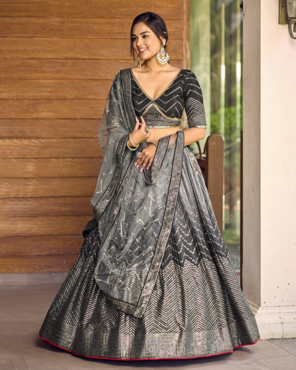 Black Color Chinon Fabric Sequence Embroidery Work Lehenga