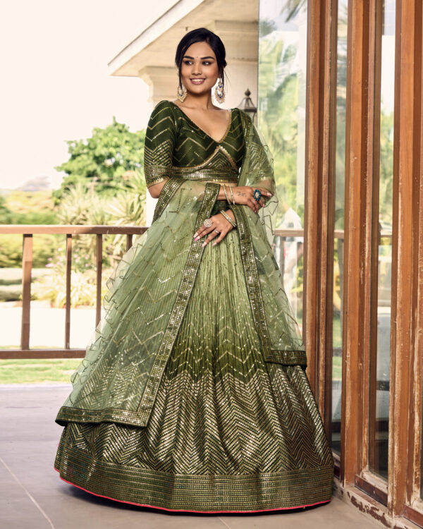 Green Color Chinon Fabric Sequence Embroidery Work Lehenga