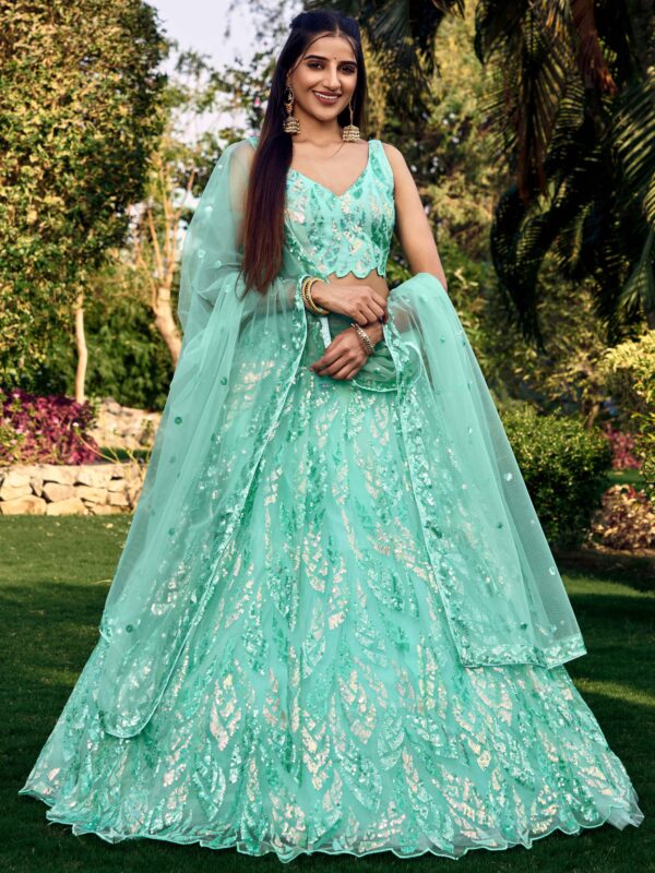 Blue Color Soft Net Fabric Sequence Embroidery Work Lehenga