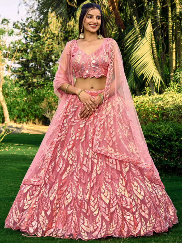 Pink Color Soft Net Fabric Sequence Embroidery Work Lehenga