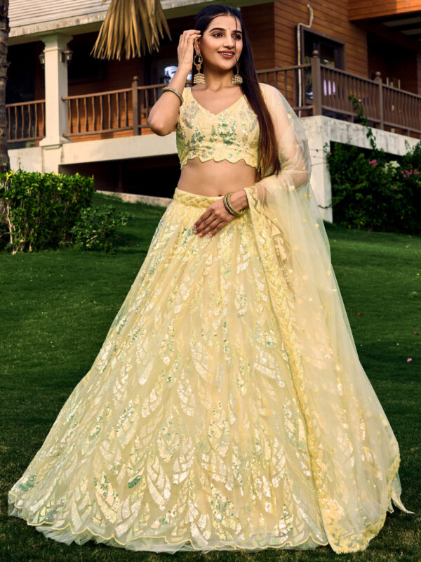 Yellow Color Soft Net Fabric Sequence Embroidery Work Lehenga