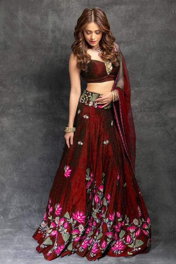 Bollywood Actress Nushrratt Bharuccha Maroon Color Tafeta Silk Fabric Lehenga