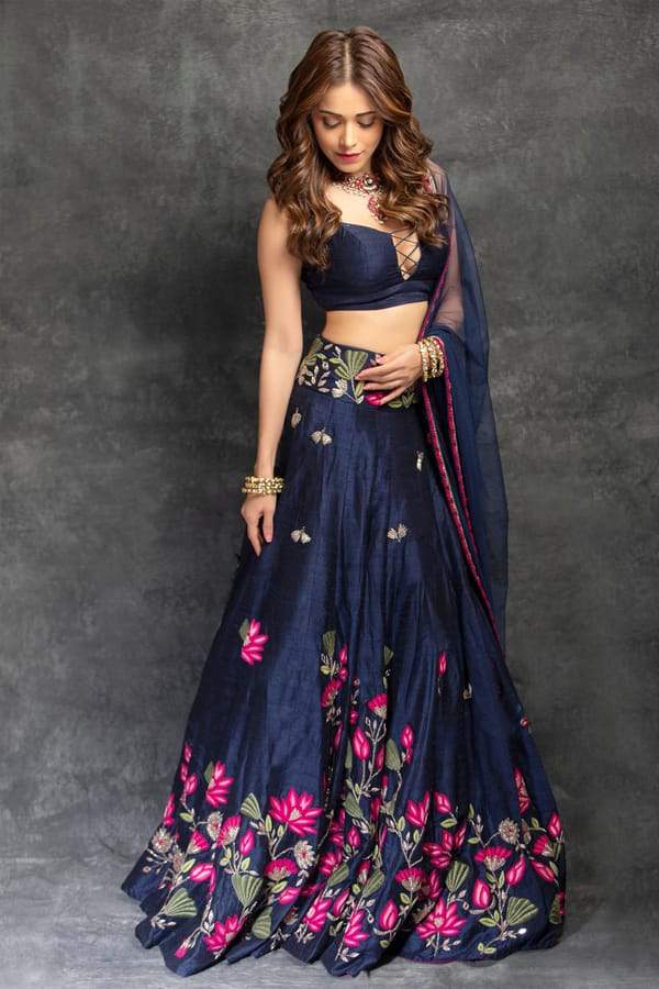 Bollywood Actress Nushrratt Bharuccha Blue Color Tafeta Silk Fabric Lehenga