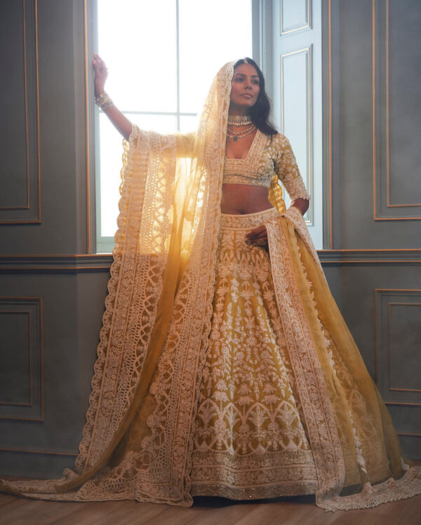 Yellow Color Heavy Butterfly Net Fabric Embroidery Work Bridal Lehenga