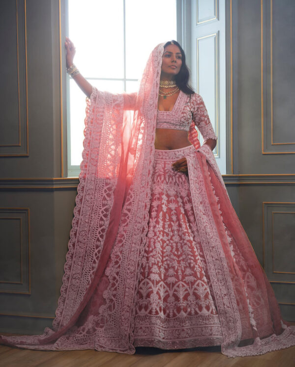 Pink Color Heavy Butterfly Net Fabric Embroidery Work Bridal Lehenga