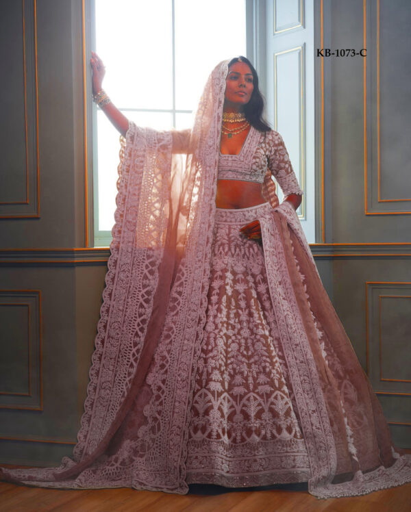 Peach Color Heavy Butterfly Net Fabric Embroidery Work Bridal Lehenga