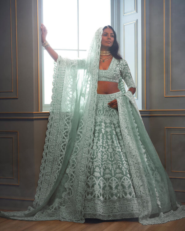 Rama Blue Color Heavy Butterfly Net Fabric Embroidery Work Bridal Lehenga