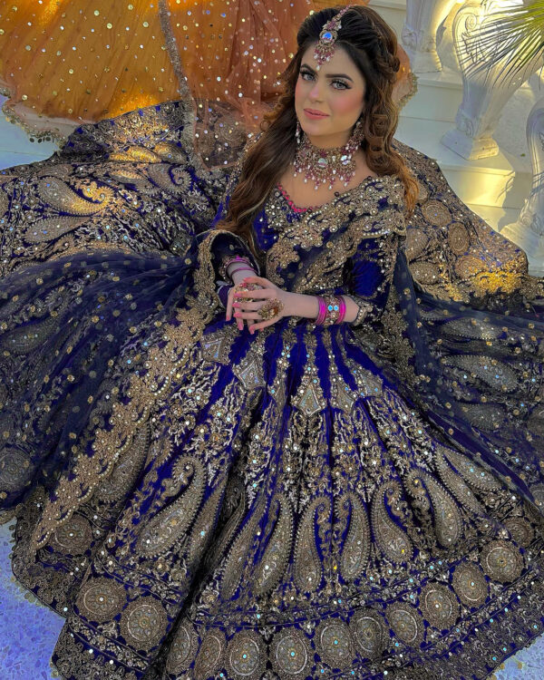 Blue Color Velvet Beautiful Full Heavy Embroidery Fancy Work Bridal Lehenga