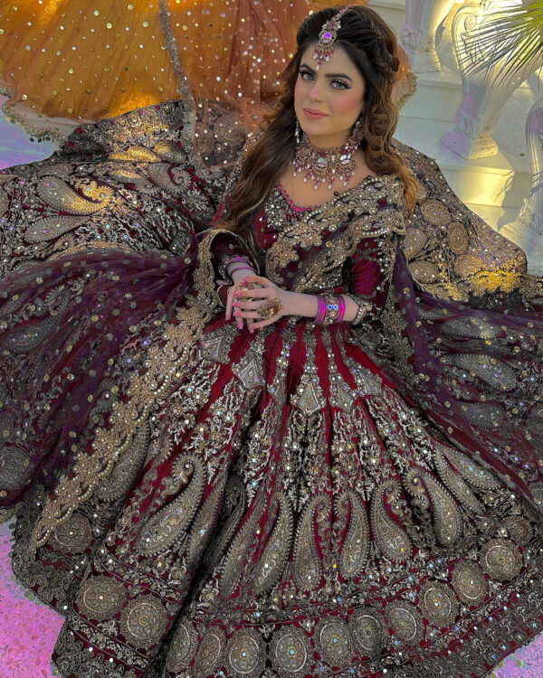 Maroon Color Velvet Beautiful Full Heavy Embroidery Fancy Work Bridal Lehenga