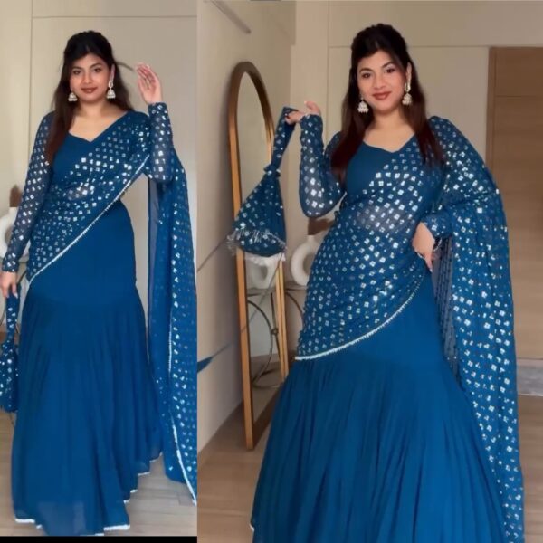 Aqua Blue Color Soft Georgette Fabric Lehenga Saree