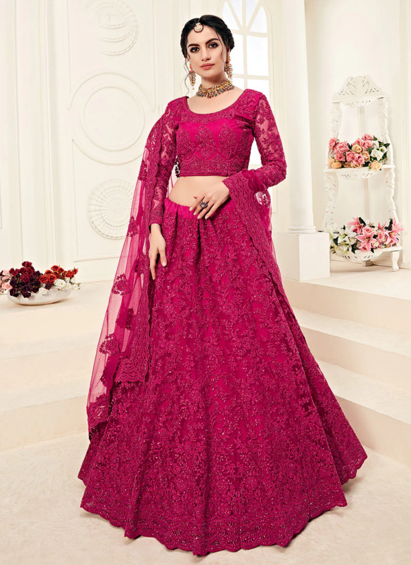 Rani Pink Color Soft Net Fabric Embroidery Chain Work Lehenga Choli