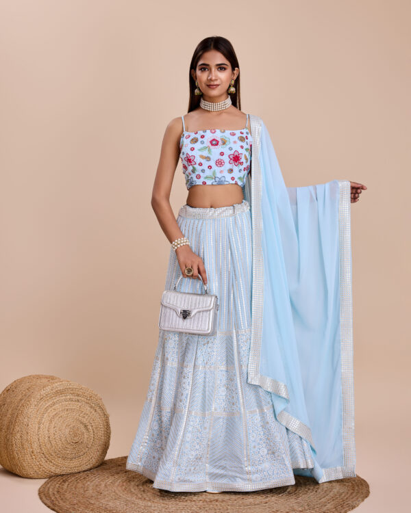 Sky Color Faux Georgette Fabric Sequence Thread Work Lehenga Choli