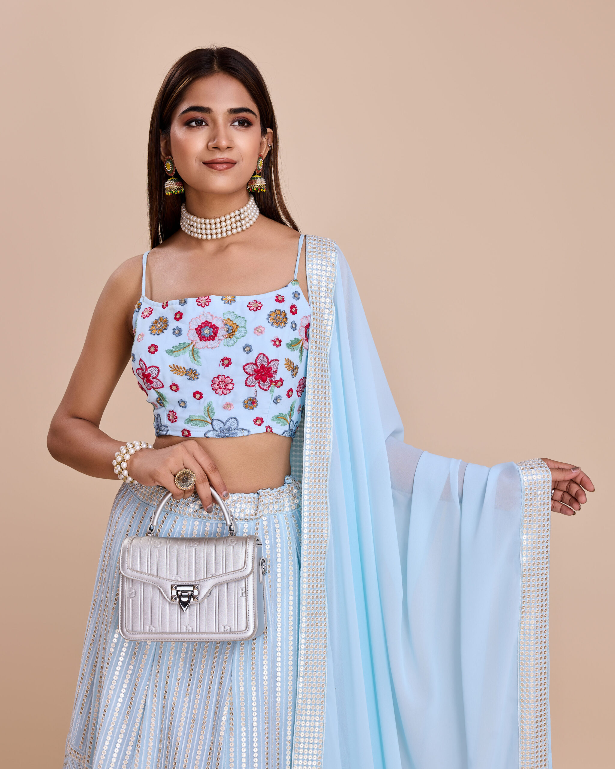 Sky Color Faux Georgette Fabric Sequence Thread Work Lehenga Choli