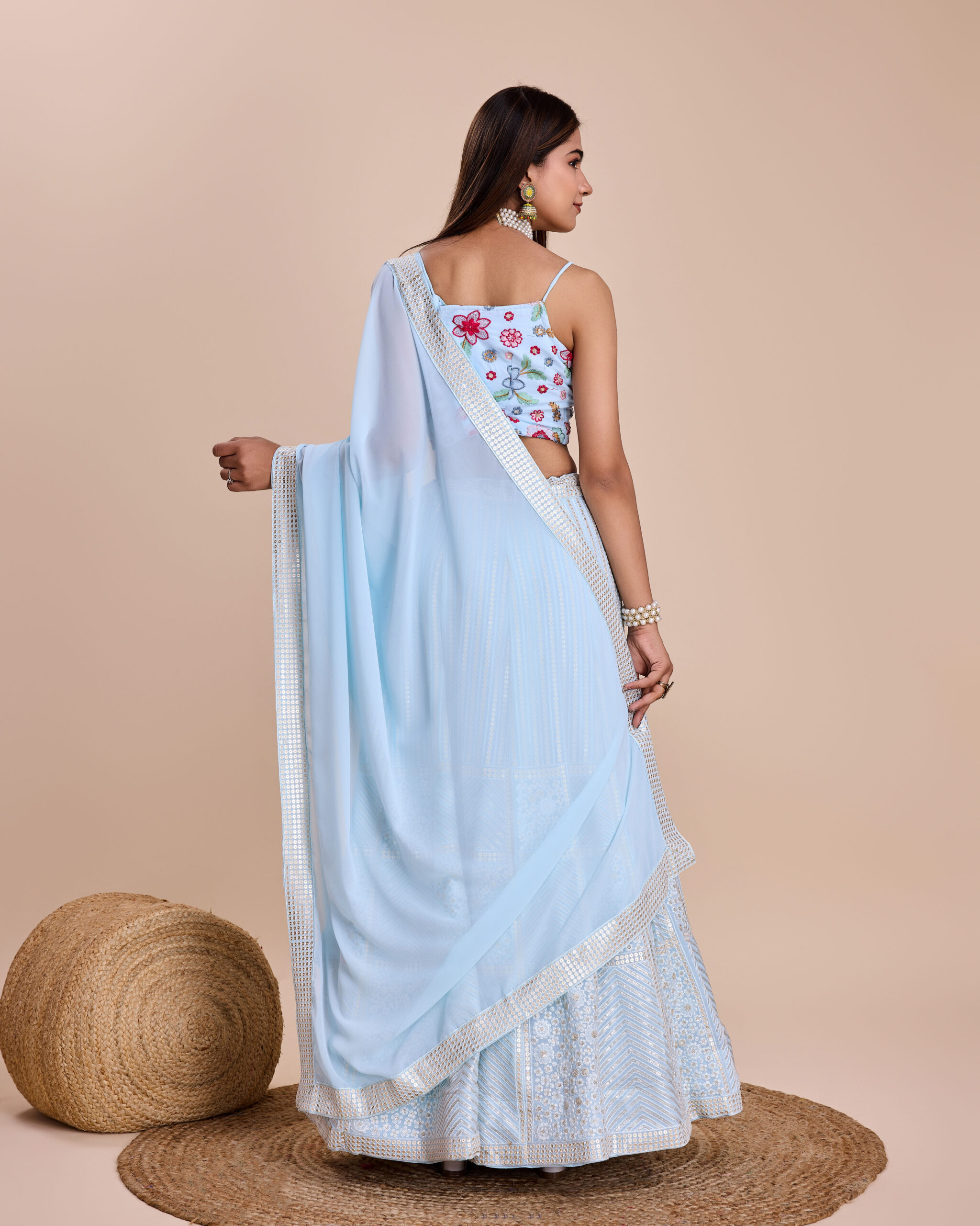 Sky Color Faux Georgette Fabric Sequence Thread Work Lehenga Choli
