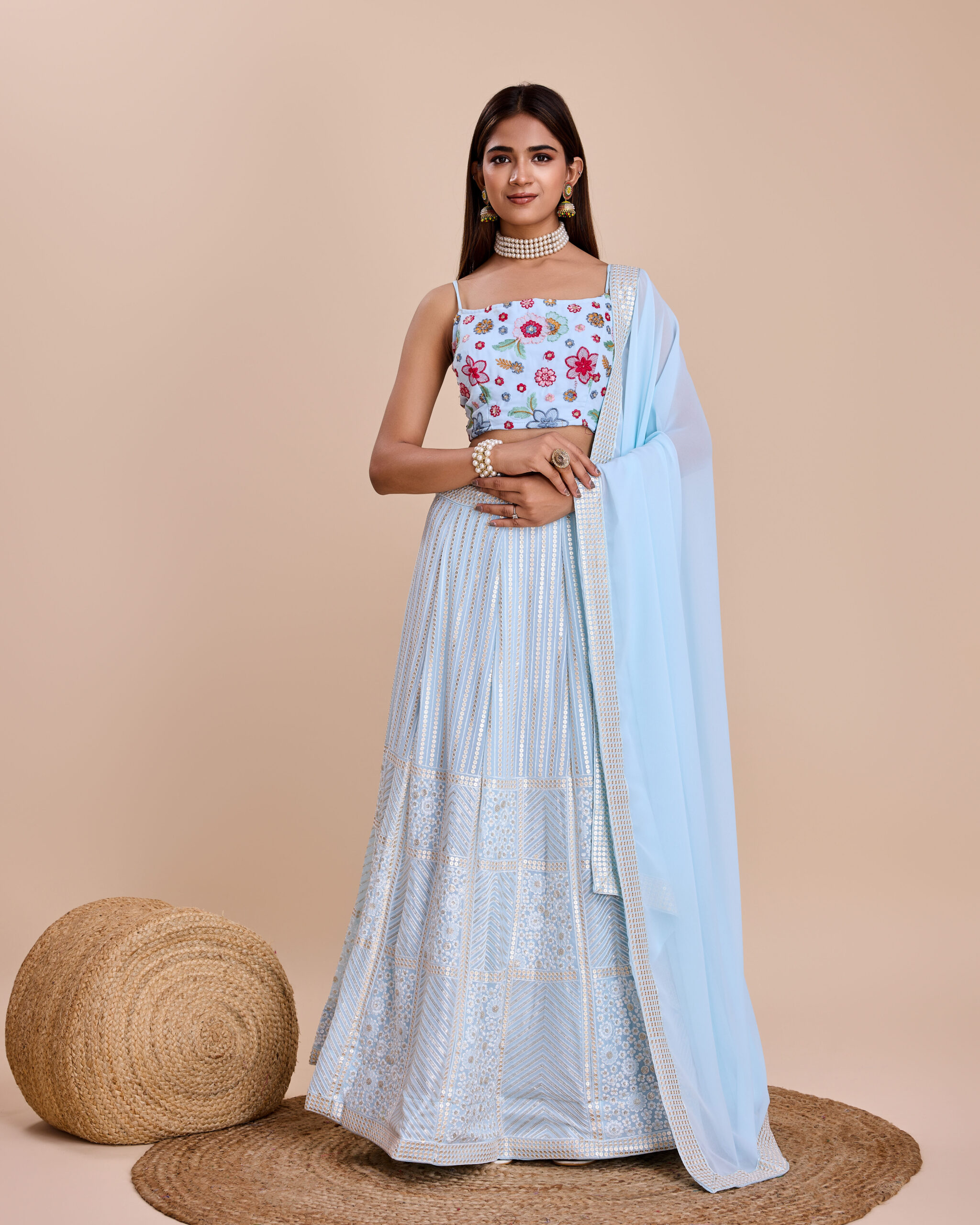 Sky Color Faux Georgette Fabric Sequence Thread Work Lehenga Choli