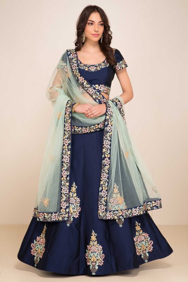 Navy Blue Color Tapeta Silk Fabric Resham Embroidery Work Lehenga