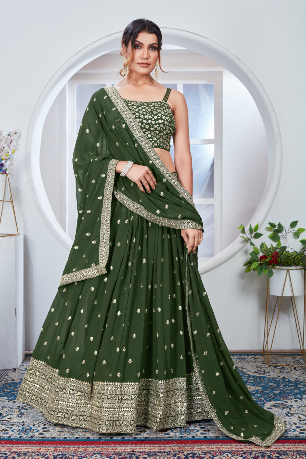 Green Color Faux Georgette Fabric Sequence Embroidery Work Lehenga Choli