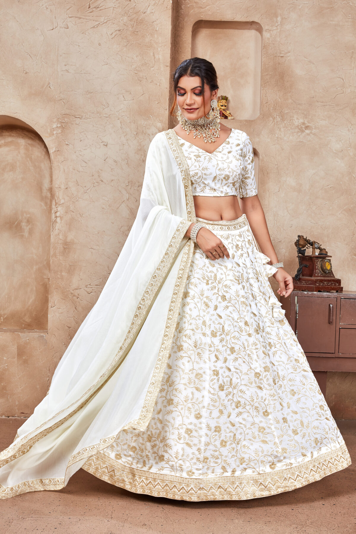 White Color Vichitra Fabric Sequence Embroidery Work Lehenga Choli