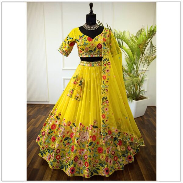 Yellow Color Crystal Fabric Sequence Embroidery Work Lehenga Choli