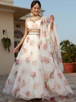 White Color Organza Fabric Floral Digital Print Embroidery Work Lehenga