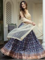 Blue Color Art Silk Fabric Digital Print With Gota Patti Work Lehenga