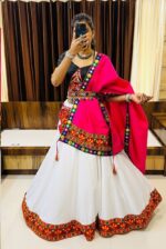White And Pink Color Cotton Fabric Navratri Festival Lehenga