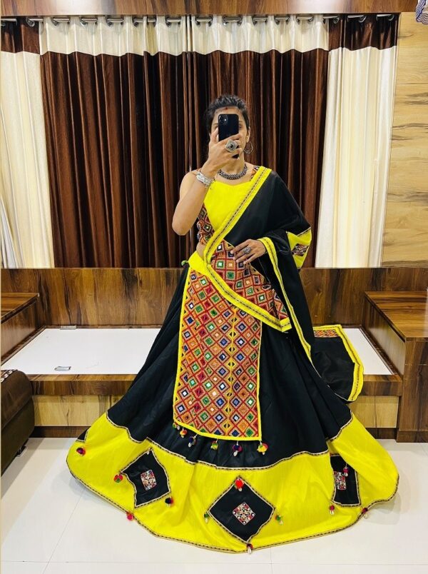Black And Yellow Color Cotton Fabric Navratri Festival Lehenga