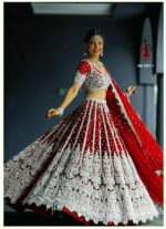 Red Heavy Butterfly Net Beautiful Embroidery Work Bridal Lehenga